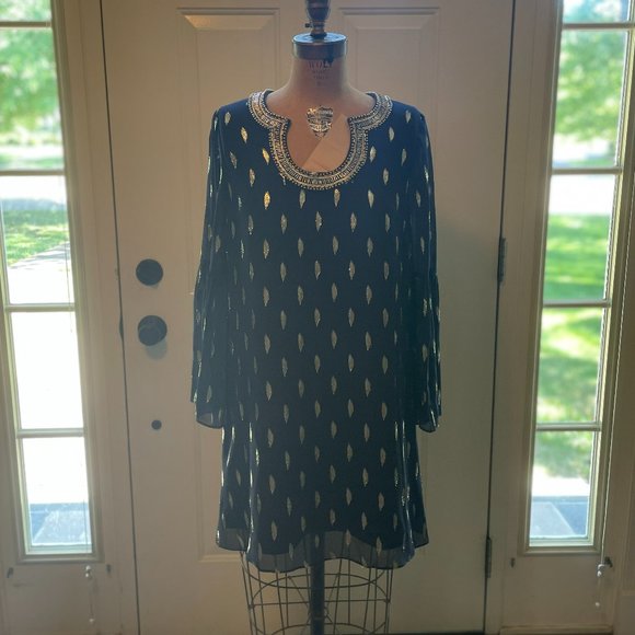 Lilly Pulitzer Navy Dress with Gold Feather Pattern - Picture 1 of 10